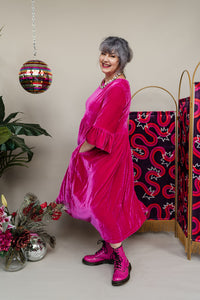 Velvet Ruffle Smock Dress in Bright Pink