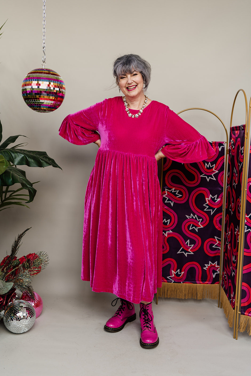 Velvet Ruffle Smock Dress in Bright Pink