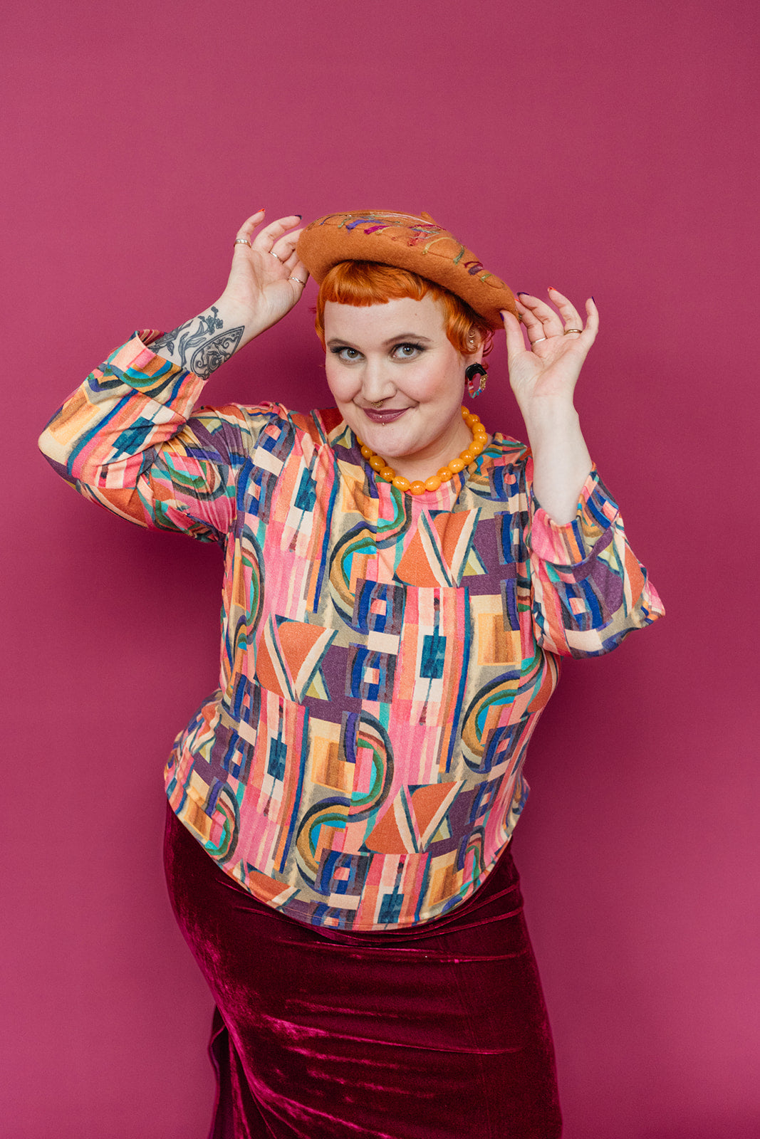 3/4 Sleeve Top in Peach Retro Block - Megan Crook