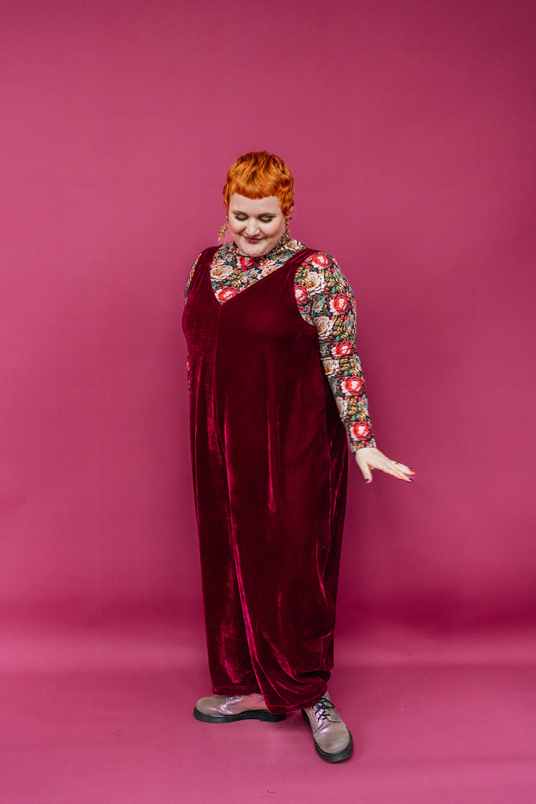 Velvet Dungaree Jumpsuit in Burgundy - Megan Crook