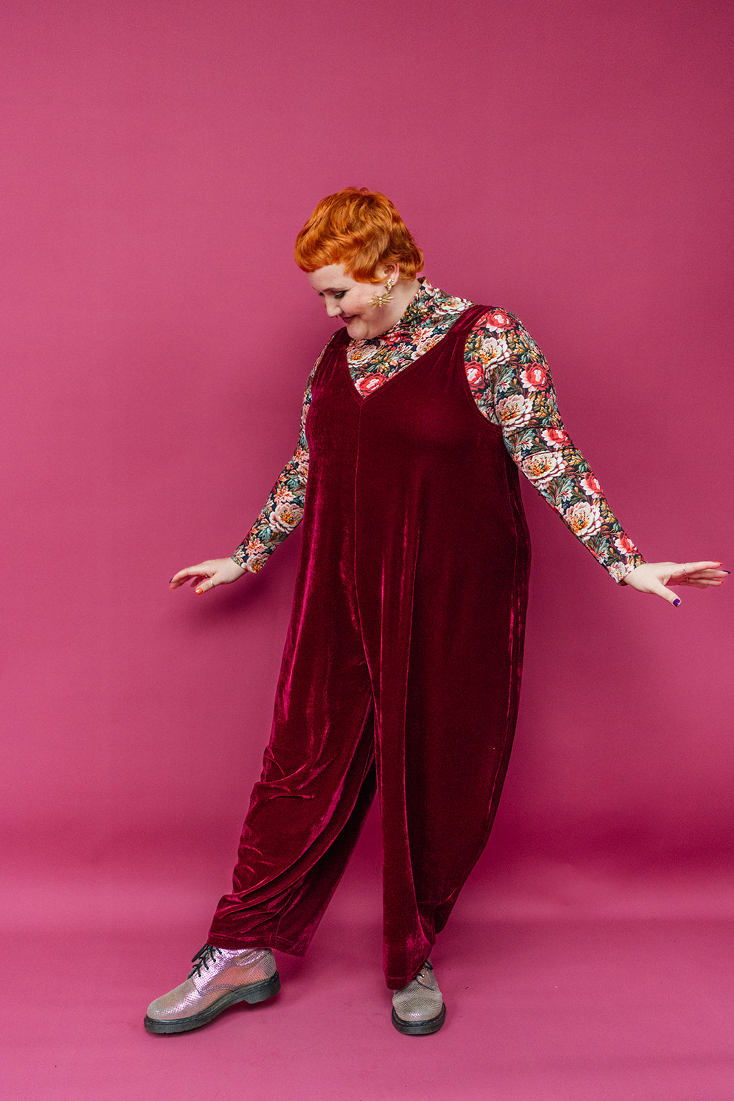 Long Sleeved Mock Turtleneck in Red Embroidered Floral - Megan Crook