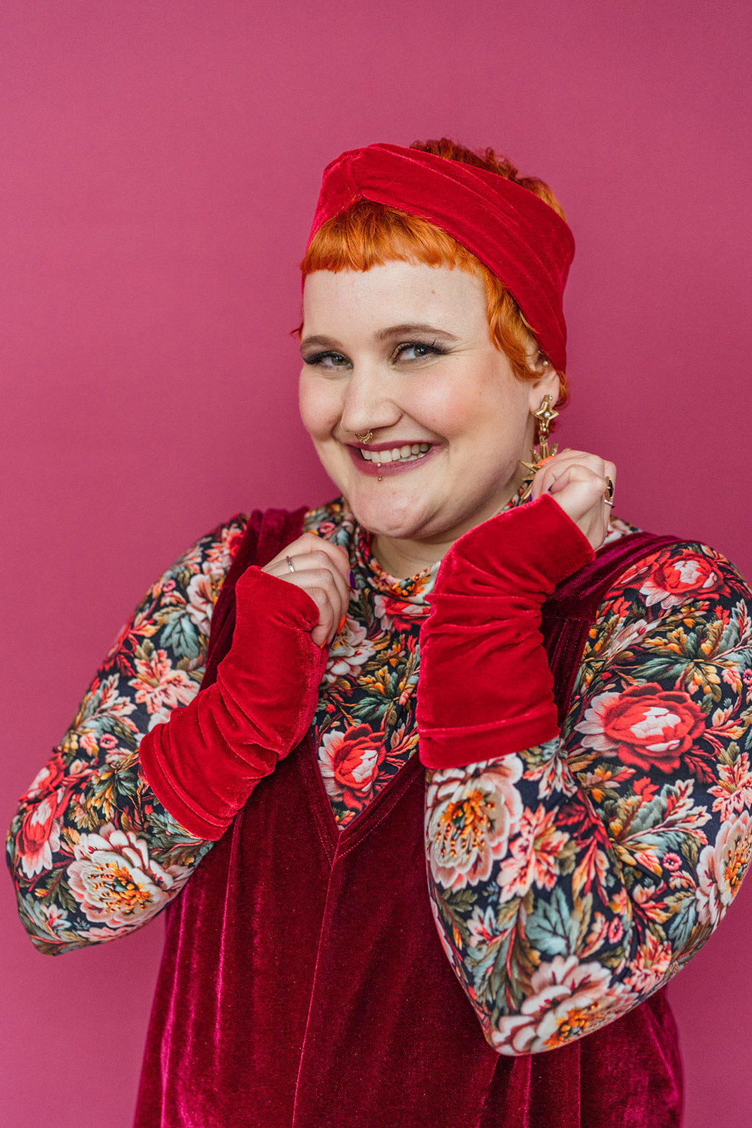 Velvet Cowl and Wrist Warmers Set in Red