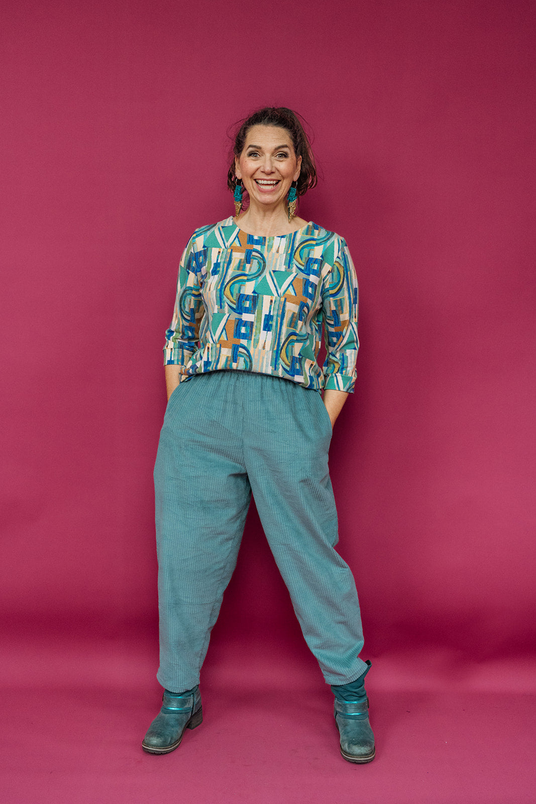 3/4 Sleeve Top in Green Retro Block - Megan Crook