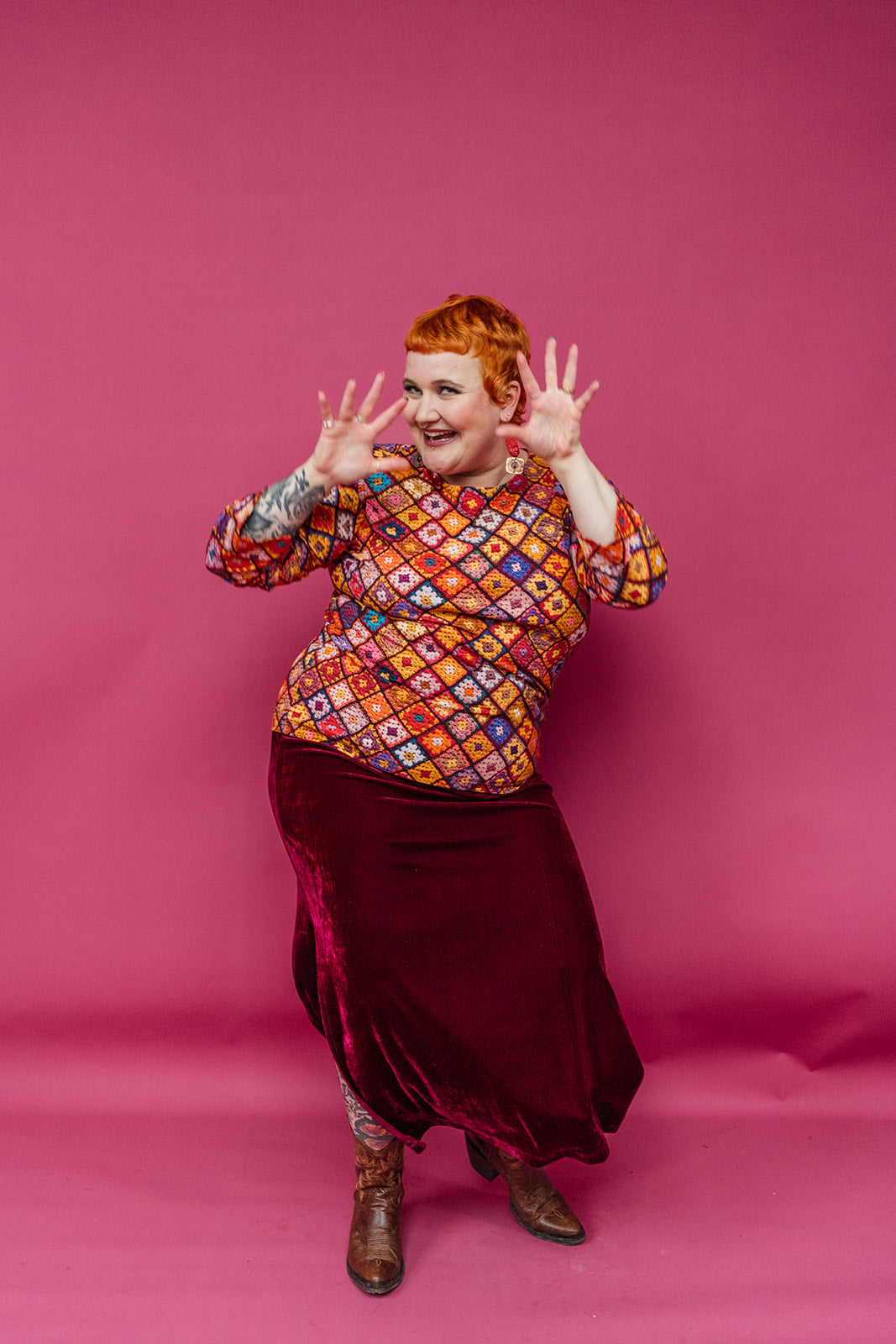 3/4 Sleeve Top in Orange Granny Square - Megan Crook