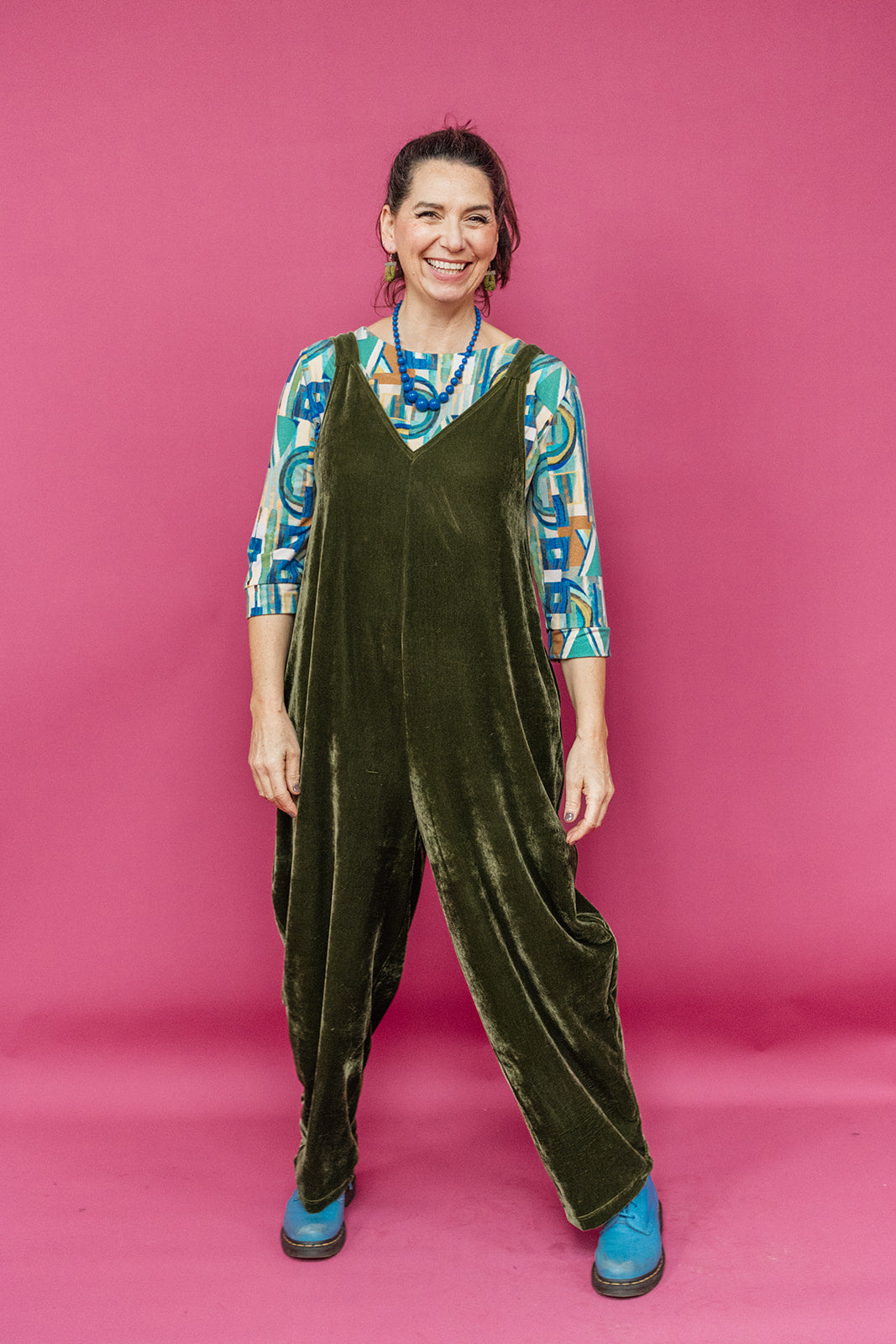Velvet Dungaree Jumpsuit in Dark Olive - Megan Crook