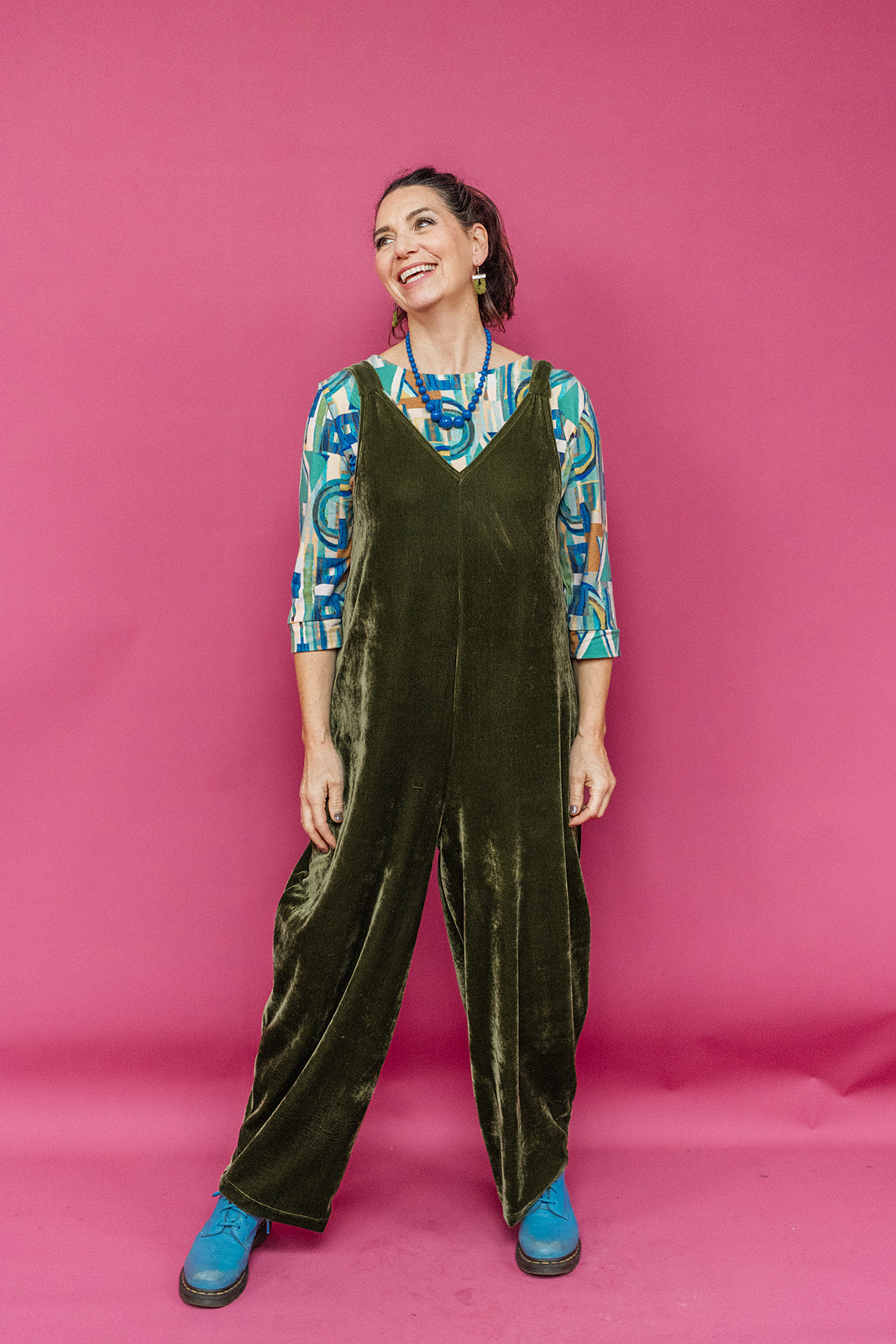 Velvet Dungaree Jumpsuit in Dark Olive - Megan Crook
