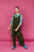 Velvet Dungaree Jumpsuit in Dark Olive - Megan Crook