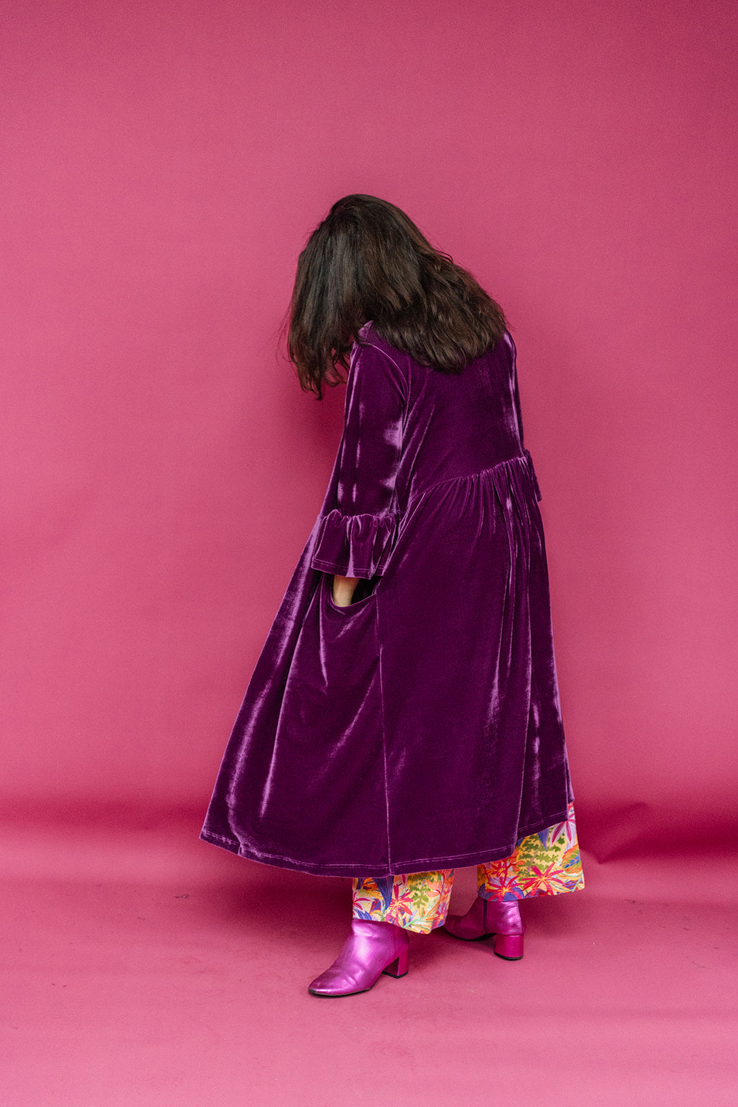 Velvet Ruffle Maxi Cardigan in Plum