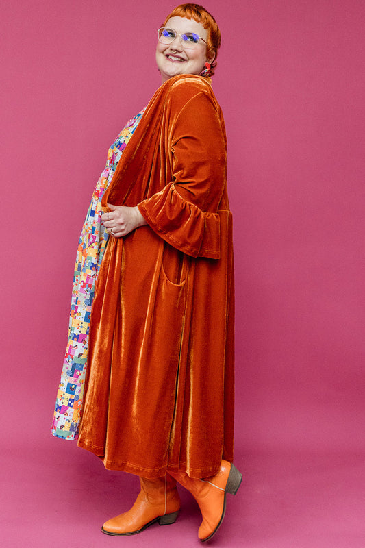 Velvet Ruffle Maxi Cardigan in Burnt Orange