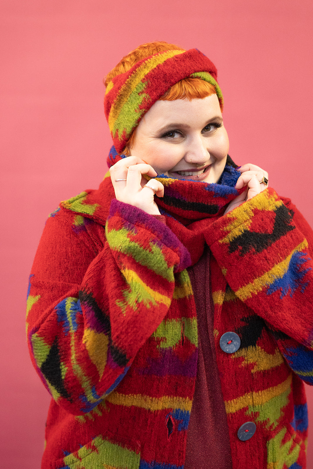 Knitted Box Jacket in Red Aztec