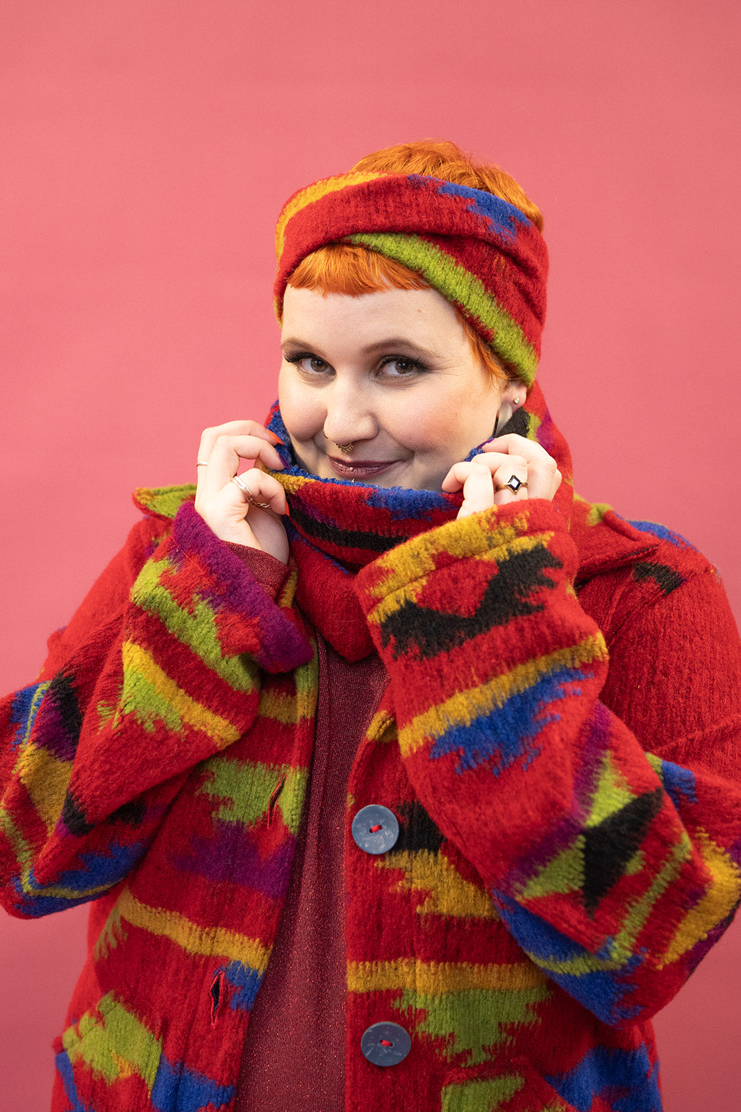 Knitted Box Jacket in Red Aztec