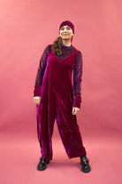 Velvet Dungaree Jumpsuit in Cerise - Megan Crook