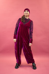 Velvet Dungaree Jumpsuit in Cerise