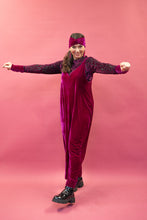 Load image into Gallery viewer, Velvet Dungaree Jumpsuit in Cerise