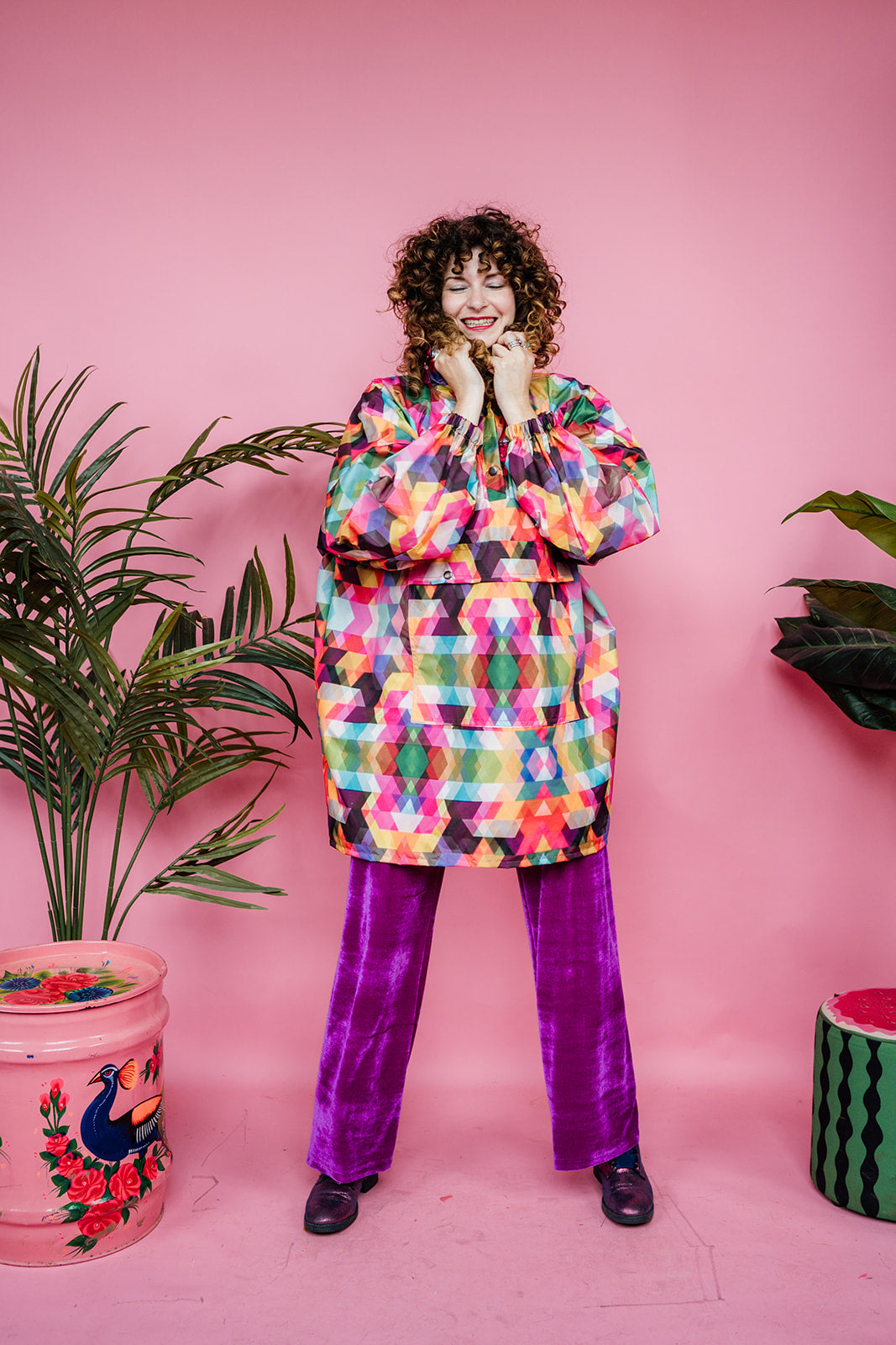 Rain Poncho in Rainbow Triangles Print