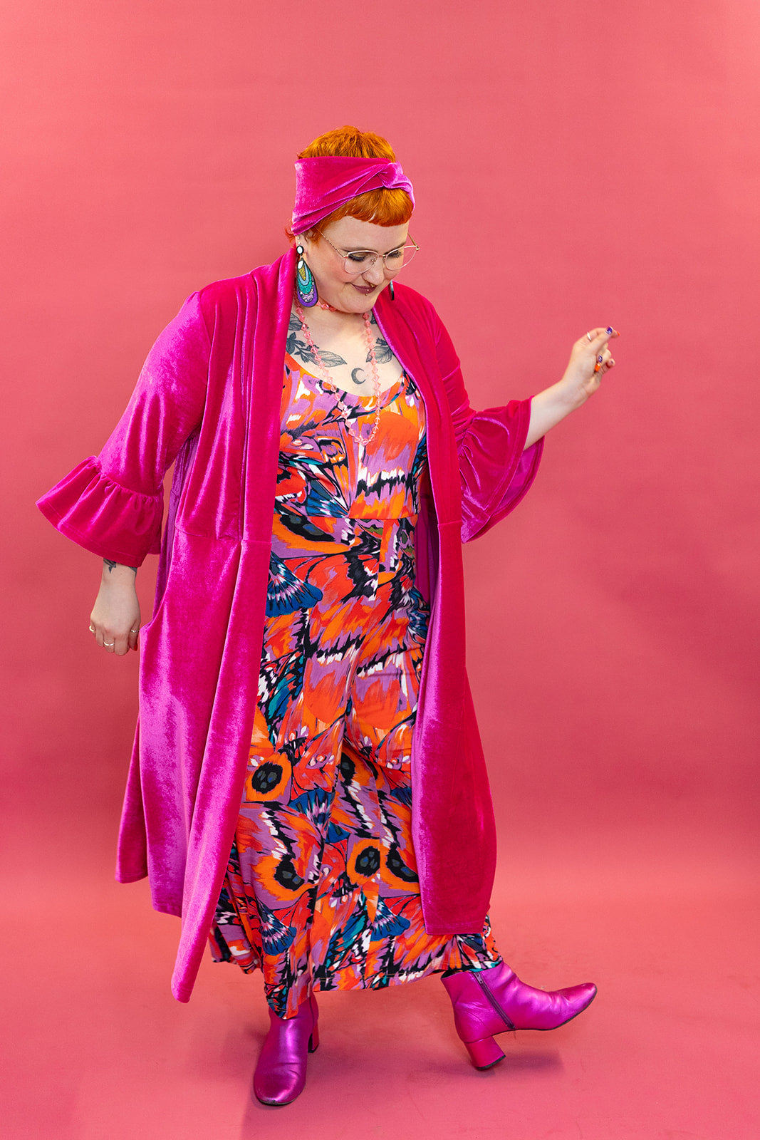 Velvet Ruffle Maxi Cardigan in Bright Pink