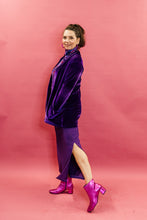 Load image into Gallery viewer, Maxi Velvet Side Split Skirt in Purple Glitter