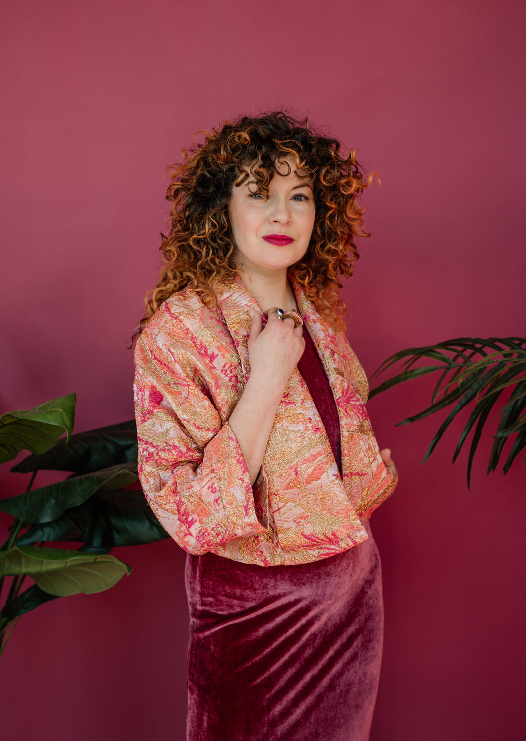 Cropped Kimono Jacket in Pink and Peach