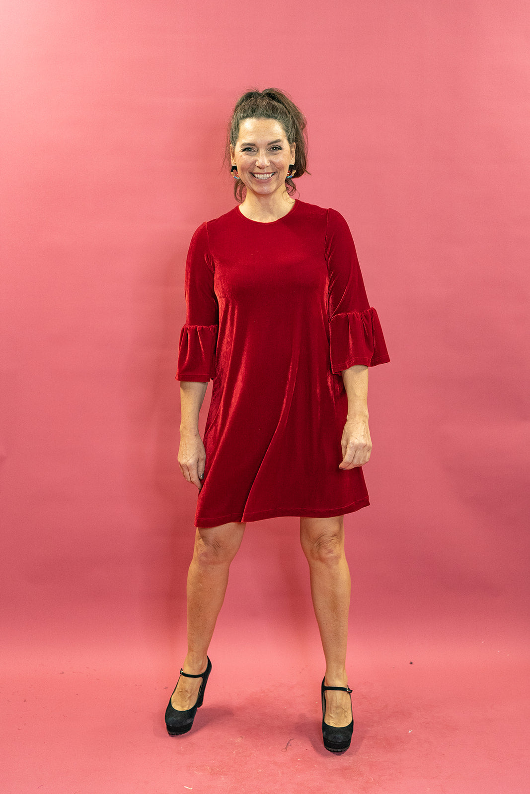 Velvet Ruffle Swing Dress in Red