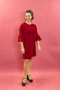 Velvet Ruffle Swing Dress in Red