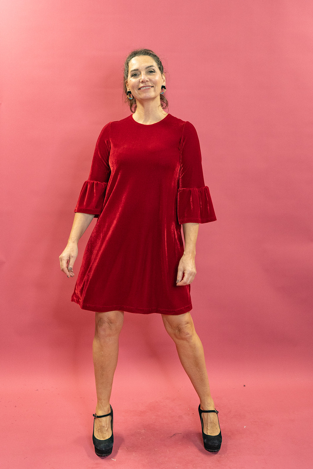Velvet Ruffle Swing Dress in Red - Megan Crook