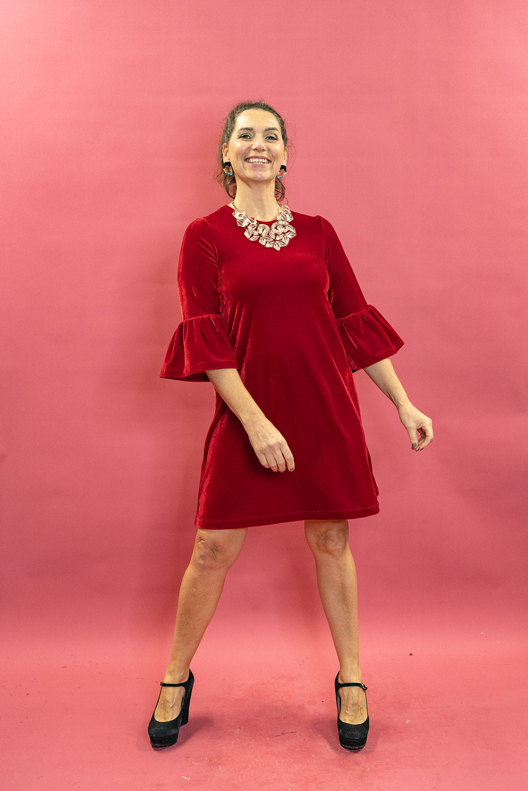 Velvet Ruffle Swing Dress in Red