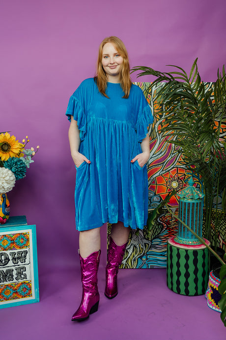 Velvet Summer Smock Dress in Turquoise