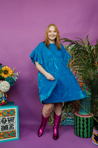 Velvet Summer Smock Dress in Turquoise