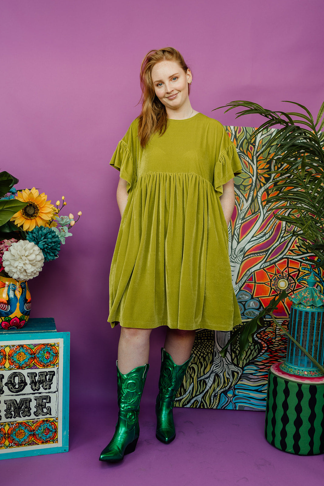 Velvet Summer Smock Dress in Lime