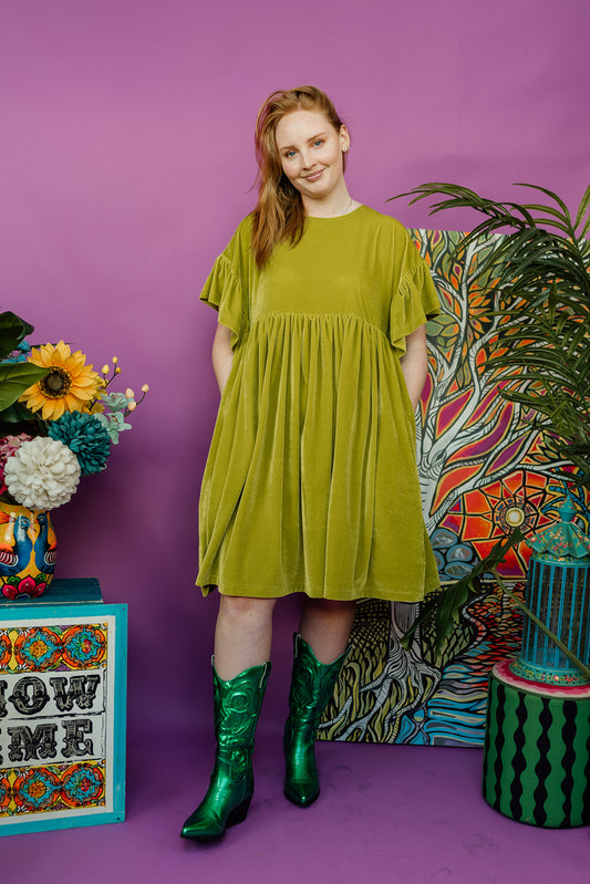 Velvet Summer Smock Dress in Lime