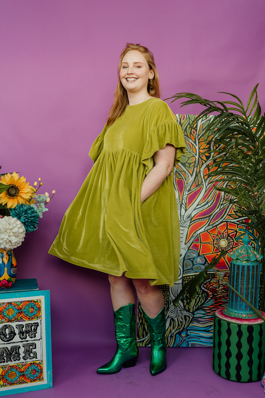 Velvet Summer Smock Dress in Lime