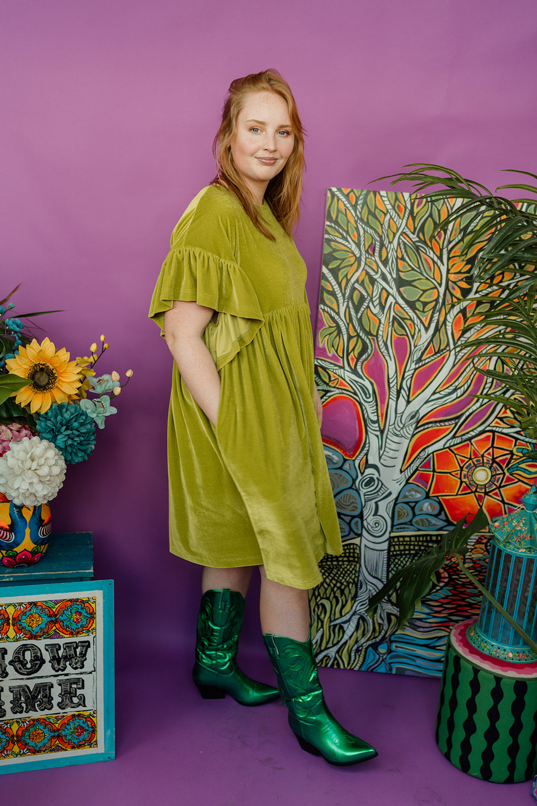 Velvet Summer Smock Dress in Lime