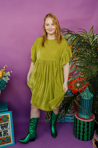 Velvet Summer Smock Dress in Lime