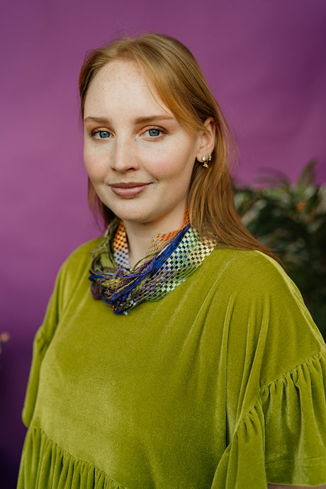Silk Yarn Necklace in Purple/Olive
