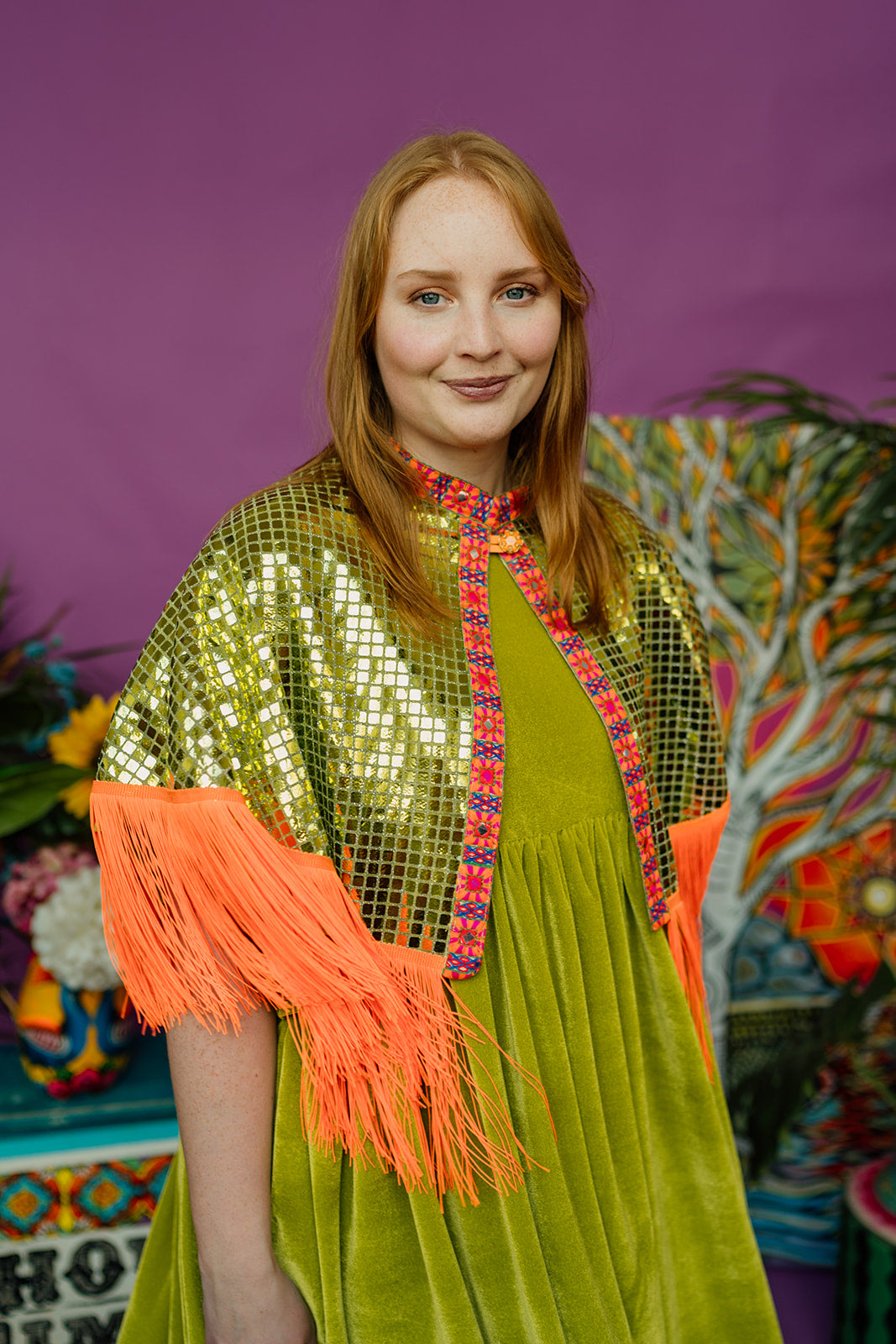 Velvet Summer Smock Dress in Lime