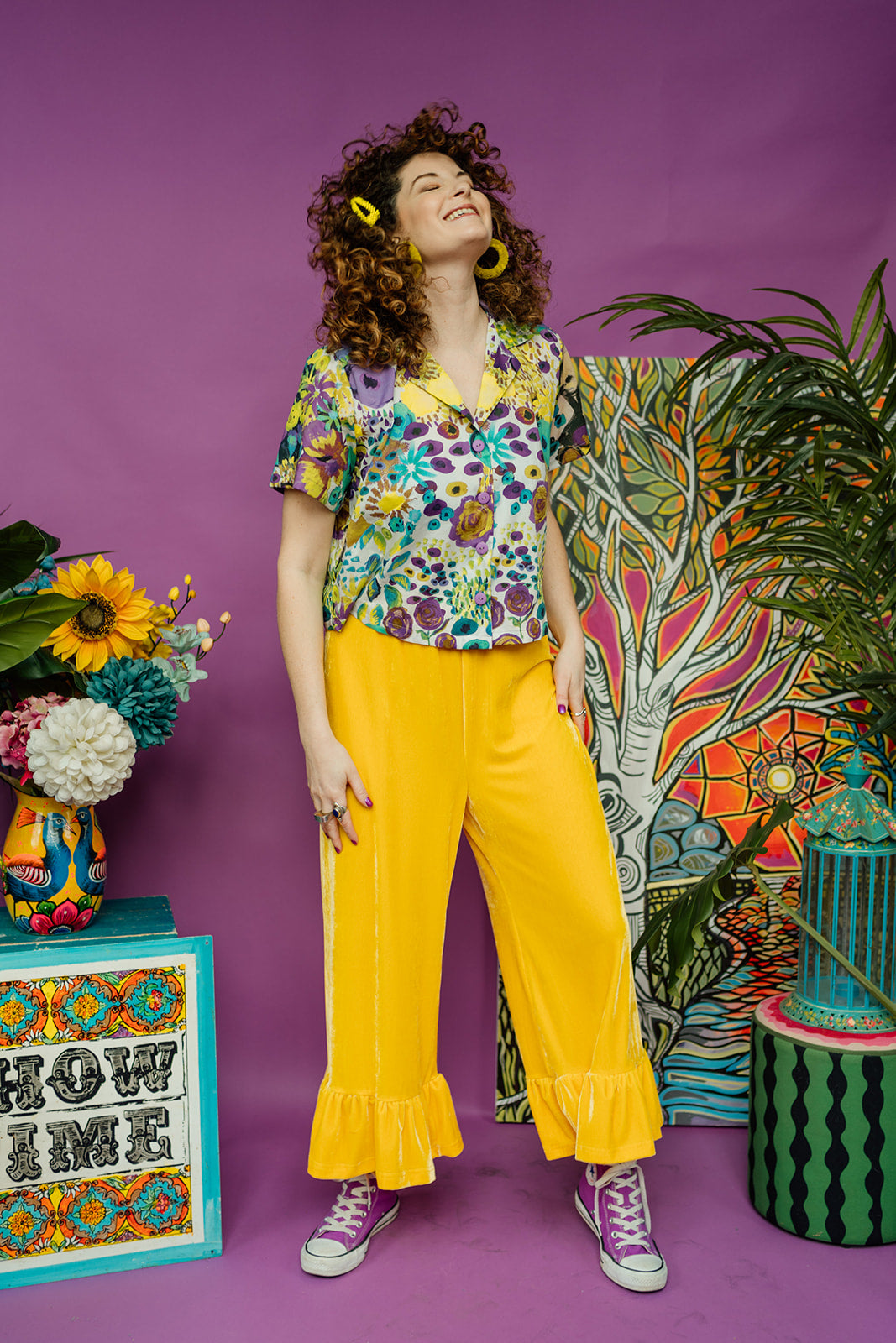 Velvet Ruffle Culottes in Yellow