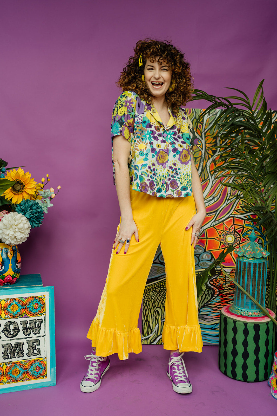 Velvet Ruffle Culottes in Yellow