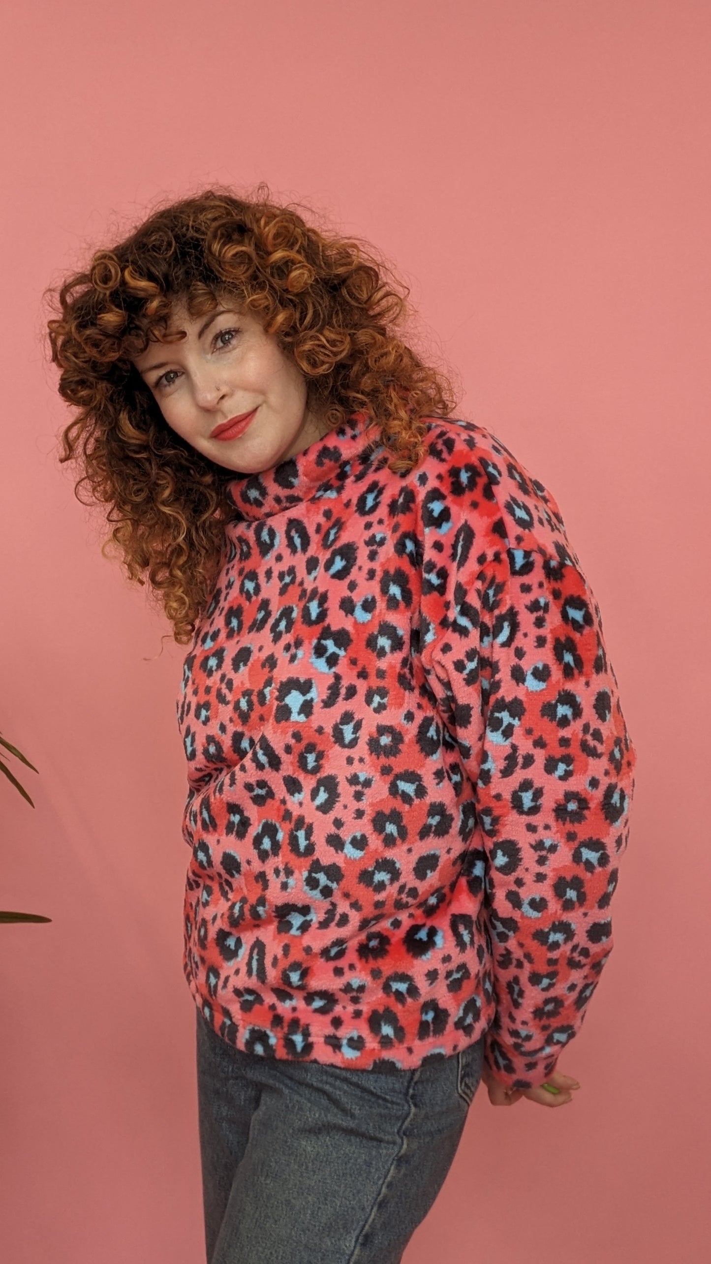 Funnel Neck Pullover in Pink Leopard