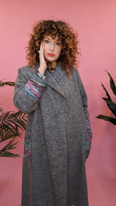 Embellished Long Wool Coat in Light Grey