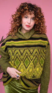 Knitted Pattern Mix Jumper in Olive Green