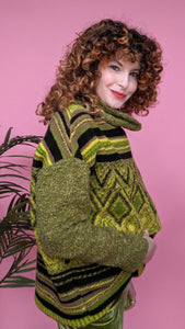 Knitted Pattern Mix Jumper in Olive Green
