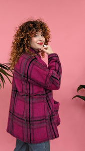 Brushed Wool Long Jacket in Berry Plaid
