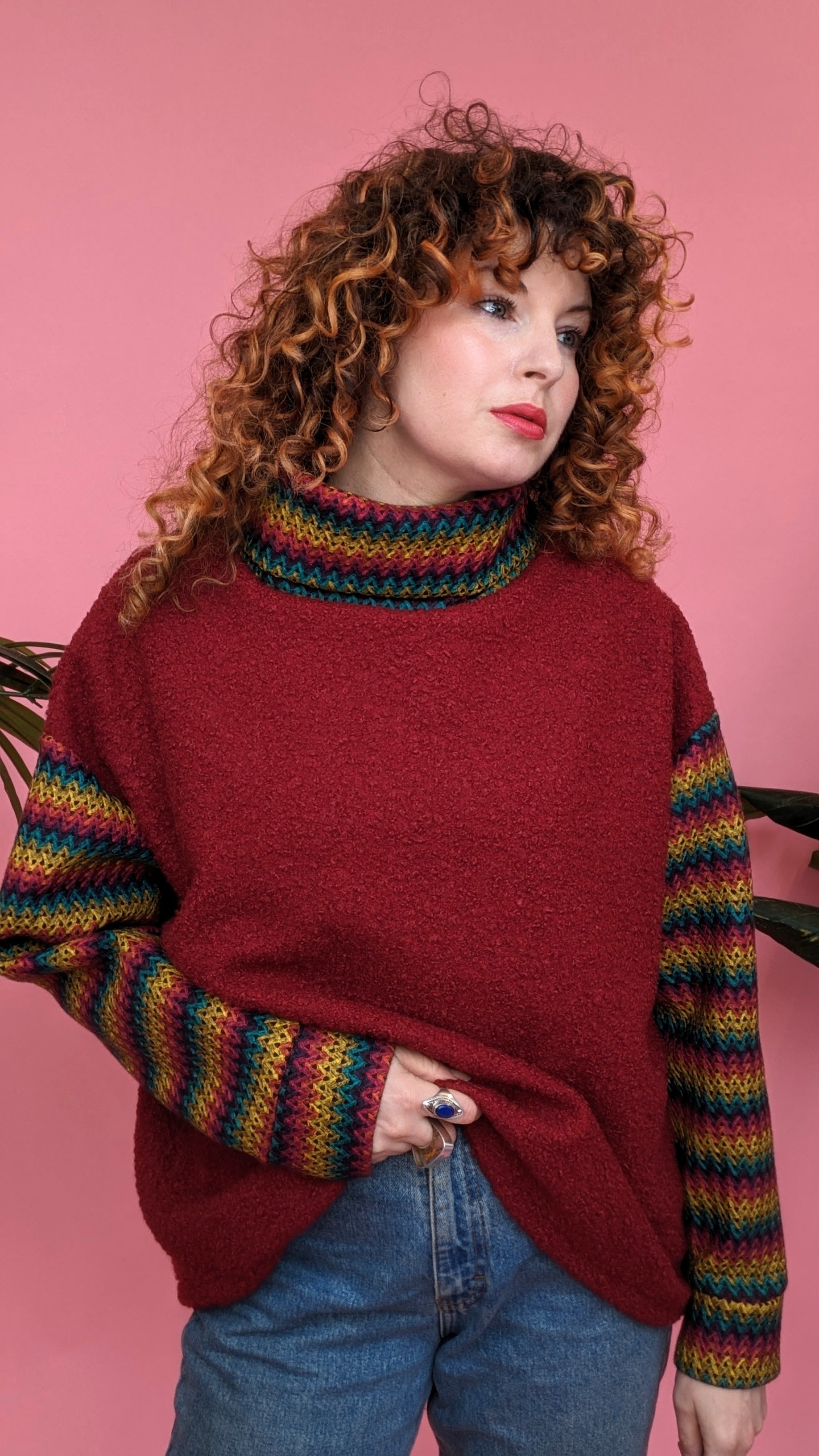 Boucle Turtleneck Jumper in Burgundy with Rainbow Sleeves - Megan Crook