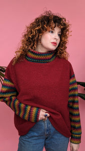 Boucle Turtleneck Jumper in Burgundy with Rainbow Sleeves