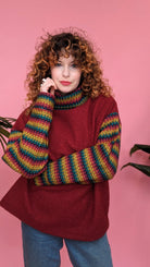 Boucle Turtleneck Jumper in Burgundy with Rainbow Sleeves - Megan Crook