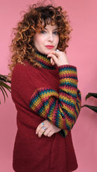 Boucle Turtleneck Jumper in Burgundy with Rainbow Sleeves - Megan Crook