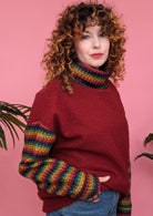 Boucle Turtleneck Jumper in Burgundy with Rainbow Sleeves - Megan Crook