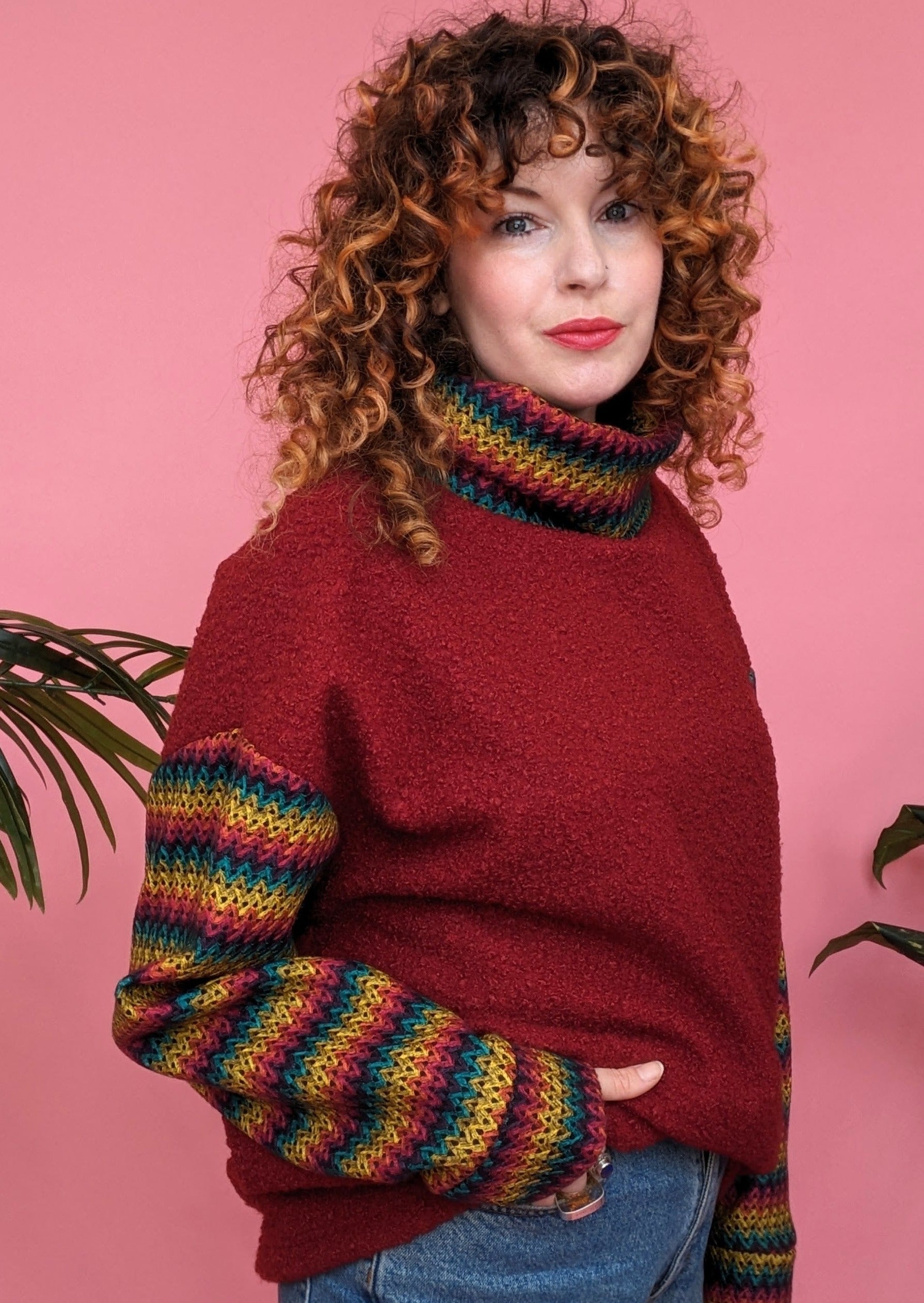 Boucle Turtleneck Jumper in Burgundy with Rainbow Sleeves - Megan Crook