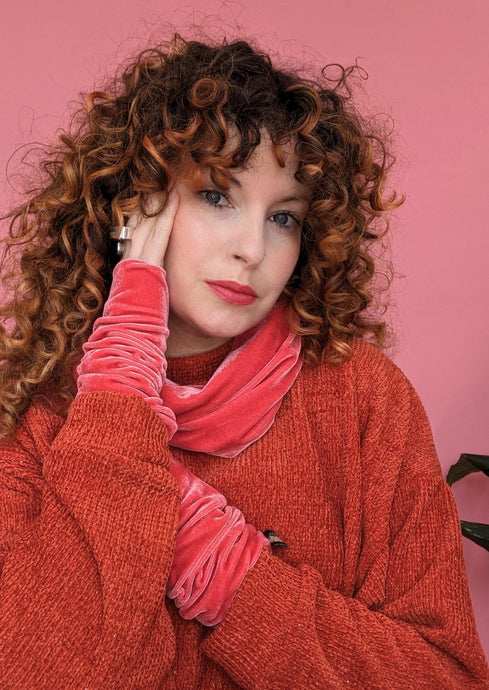 Velvet Cowl and Wrist Warmers Set in Salmon Pink