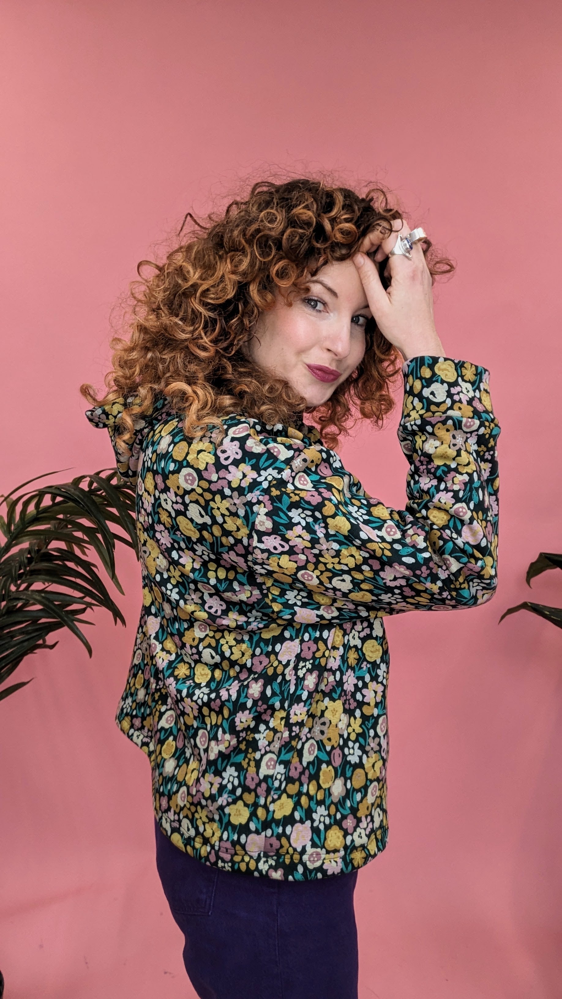 SALE - Funnel Neck Pullover in Green/Mustard Floral - Megan Crook